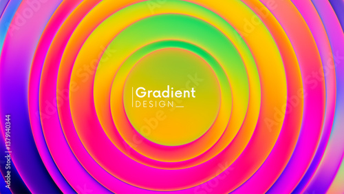 Colorful radial gradient with dynamic layered concentric circles in vibrant neon shades. Vibrant digital banner with neon curved layers and smooth glowing warm summer hues for modern design project