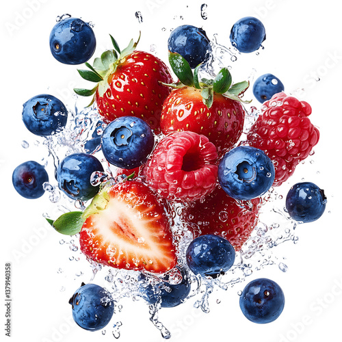 A Burst of Berries (Blueberries, Strawberries, and Raspberries) Falling Into Water Isolated on Transparent Background