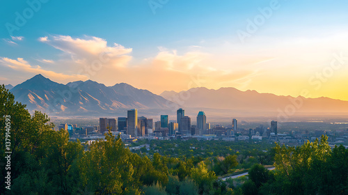 Panoramic photo of the salt lake city skyline with mountains in the background the sky is a beautiful clear blue golden hour lighting