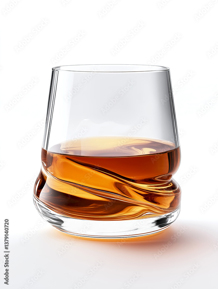 Unique twisted glass holding amber whiskey on a white background enhances the drink's elegance and design appeal. creative glass designed with a unique twist showcases amber whiskey inside Unique twisted glass holding amber whiskey on a white background enhances the drink's elegance and design appeal. creative glass designed with a unique twist showcases amber whiskey inside