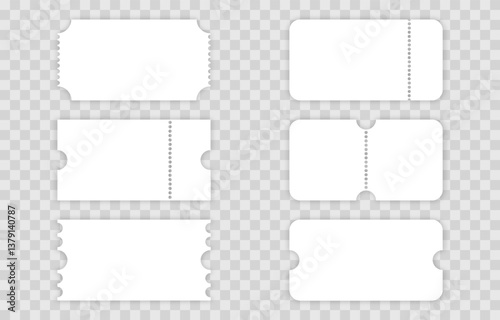 Vector set of blank tickets png. Cinema or theater tickets on isolated transparent background. Blank lottery ticket png.