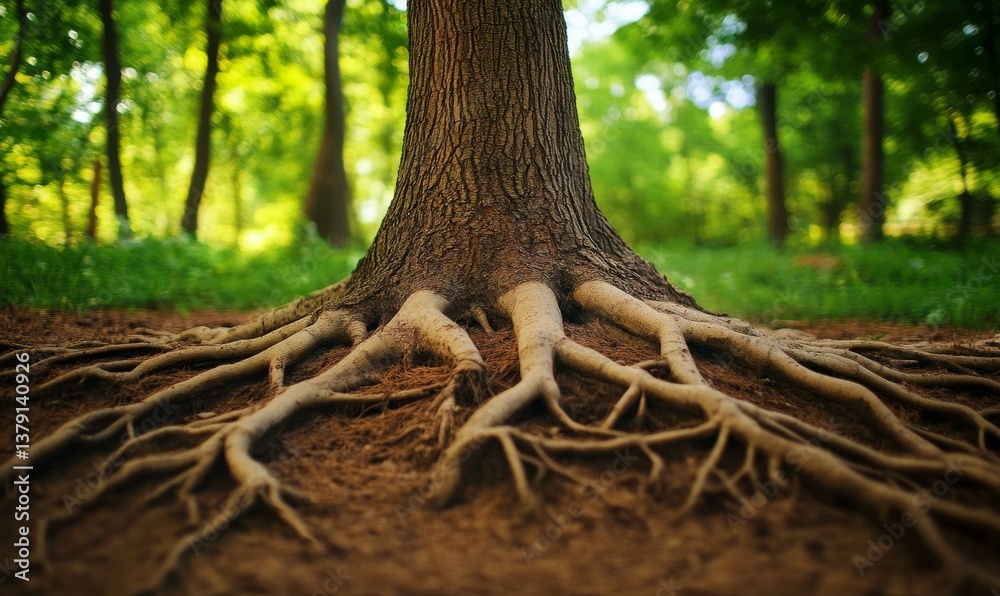 Tree trunks and roots in the foreground with a blurred forest background featuring distinct cortex bark textures, outdoors, woody Tree trunks and roots in the foreground with a blurred forest background featuring distinct cortex bark textures, outdoors, woody