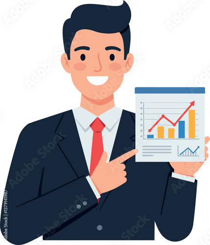 Businessman in a suit pointing at a growth chart in a flat vector illustration