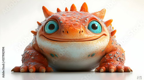 Cute Orange and Blue Spotted Fantasy Creature with a Smiling Face and Googly Eyes on a White Background in a Studio Lighting