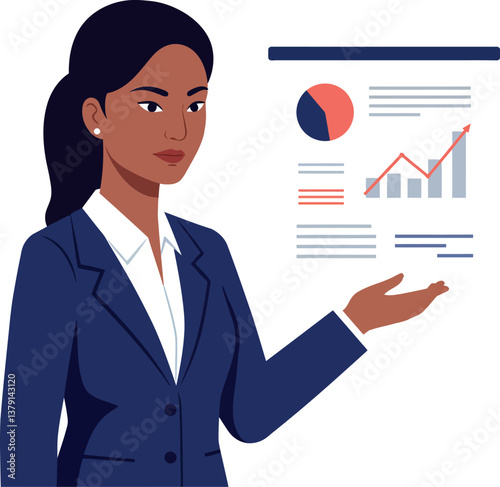 Businesswoman in a suit presenting data with charts and graphs in a flat vector illustration