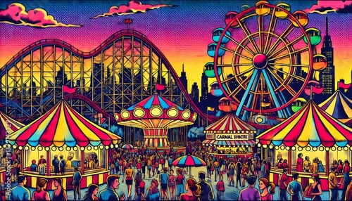 Crowds enjoying vibrant amusement park at dusk with roller coaster and ferris wheel in pop art style