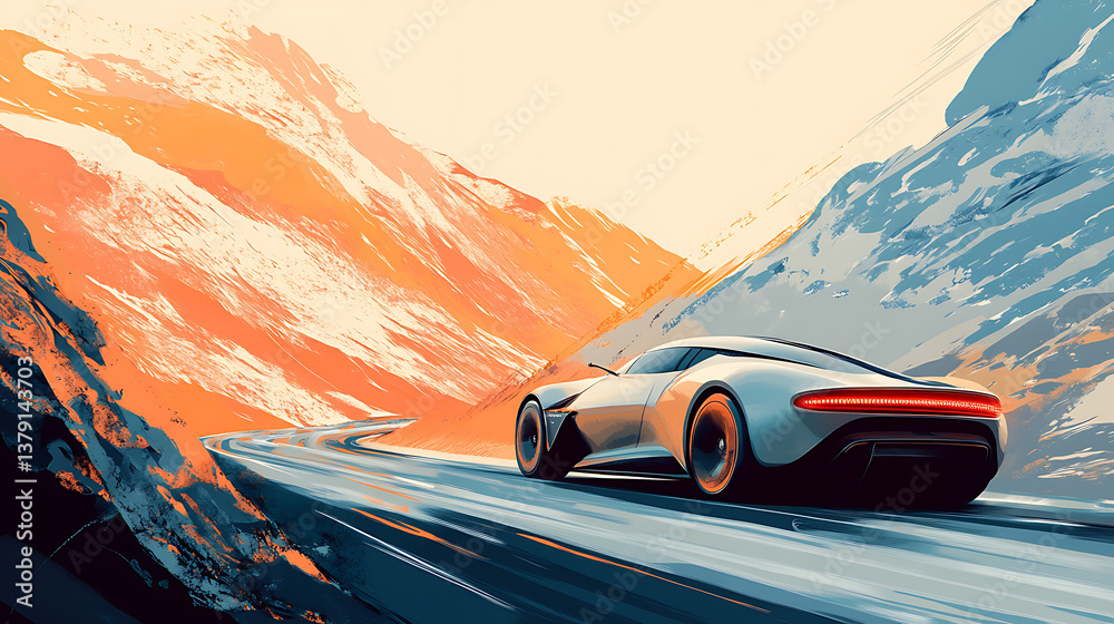Fototapeta premium Generic and unbranded modern car running on mountain street, illustration