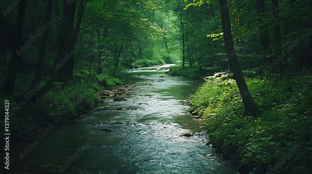 Obraz premium Tranquil river winding through the forest calmness atmospheric photo footage for tiktok, instagram, reels, shorts