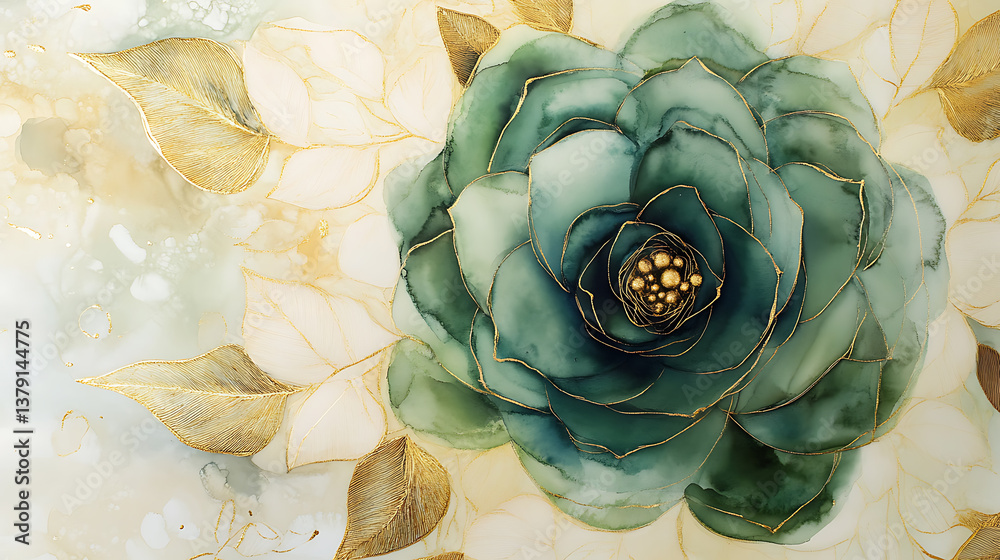 Obraz premium Watercolor green flower is surrounded by cream and gold leaves