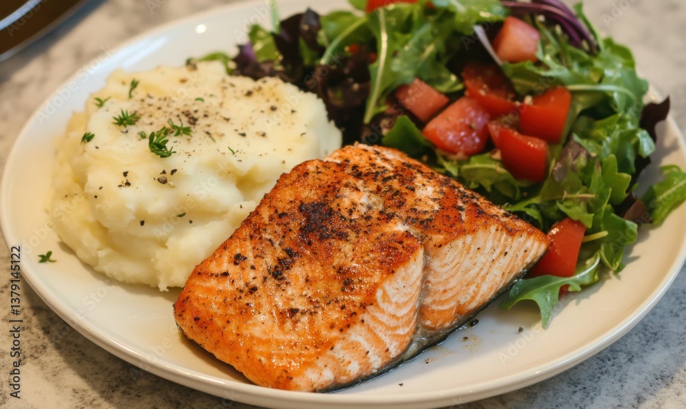 Grilled salmon with mashed potatoes and salad on white plate Grilled salmon with mashed potatoes and salad on white plate
