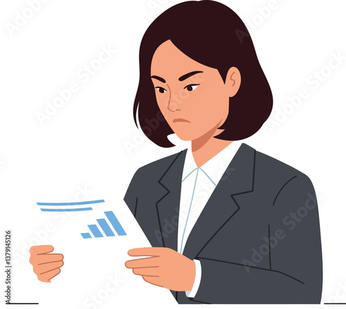 Businesswoman analyzing financial report with serious expression in flat vector art
