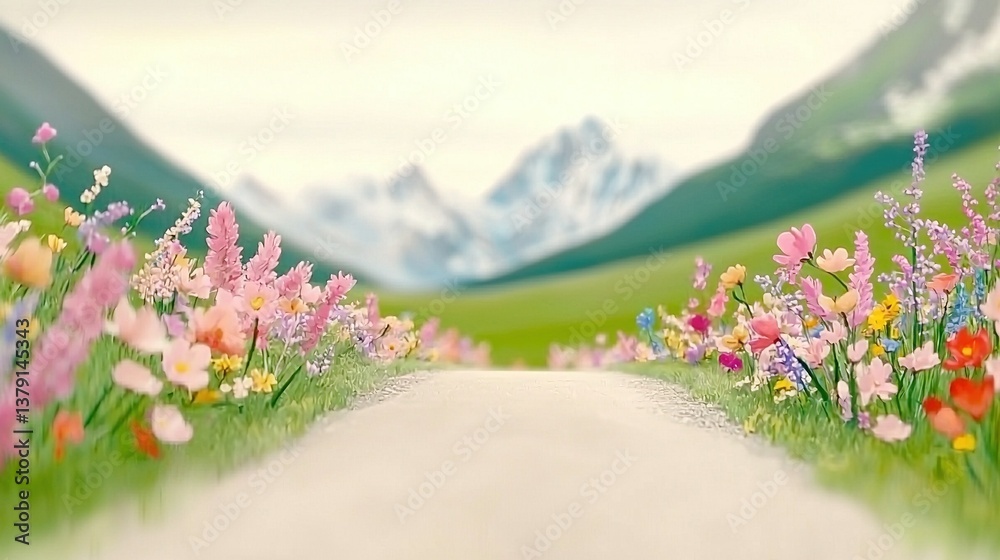 Obraz premium Painting shows a country road with wildflowers in the foreground, while a majestic mountain range is present in the background