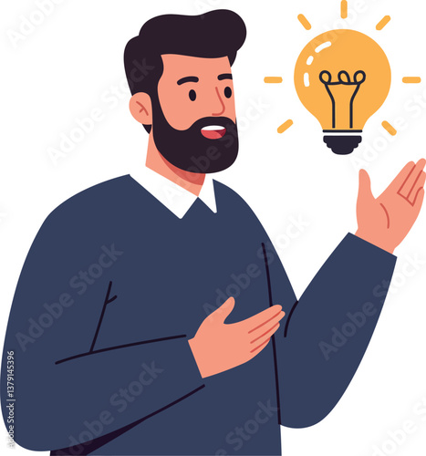 Man presenting an idea with a light bulb, flat vector illustration showcasing creativity and inspiration in a modern design style