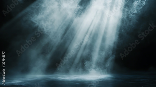 Light beam pouring through mist in a dark room