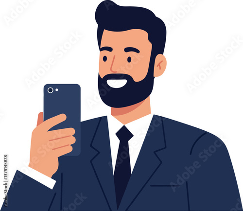 Confident businessman taking a selfie while dressed in a dark suit, flat vector art