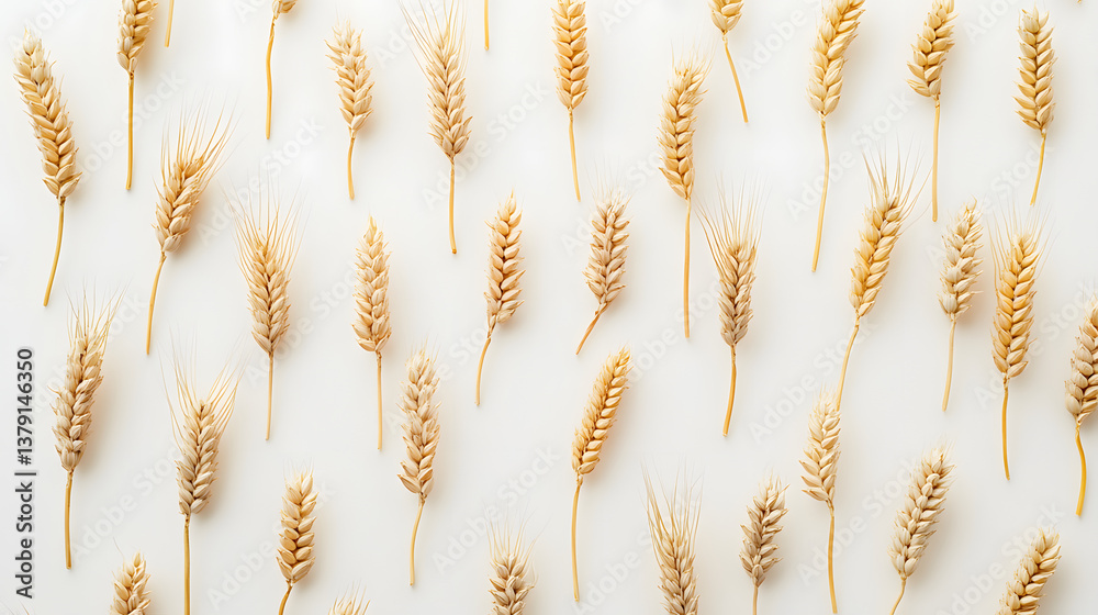 Multiple golden wheat ears arranged symmetrically on a white surface, highlighting their organic texture and natural elegance. Multiple golden wheat ears arranged symmetrically on a white surface, highlighting their organic texture and natural elegance.
