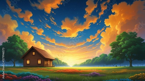 A small wooden house stands in the middle of a vast expanse of grassland.