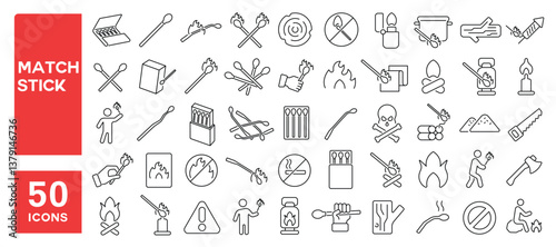 Set of 50 line icons related to matchstick, flame, fire, wooden, match, stick, burning, flammable, bonfire, lighter, matches box, Editable stroke. Vector illustration
