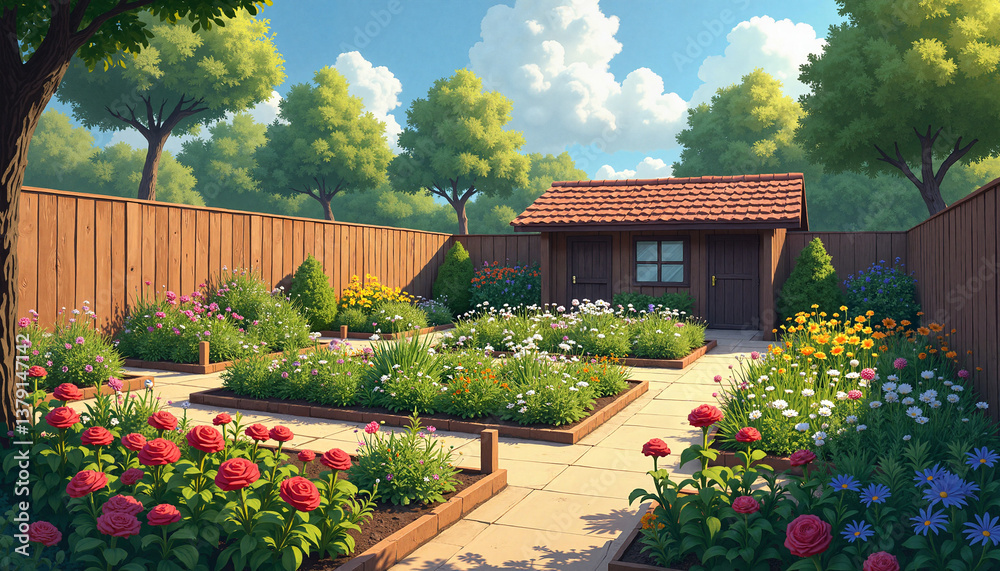 Obraz premium Lush garden with vibrant flowers and cottage in sunny landscape, Flower beds in bloom