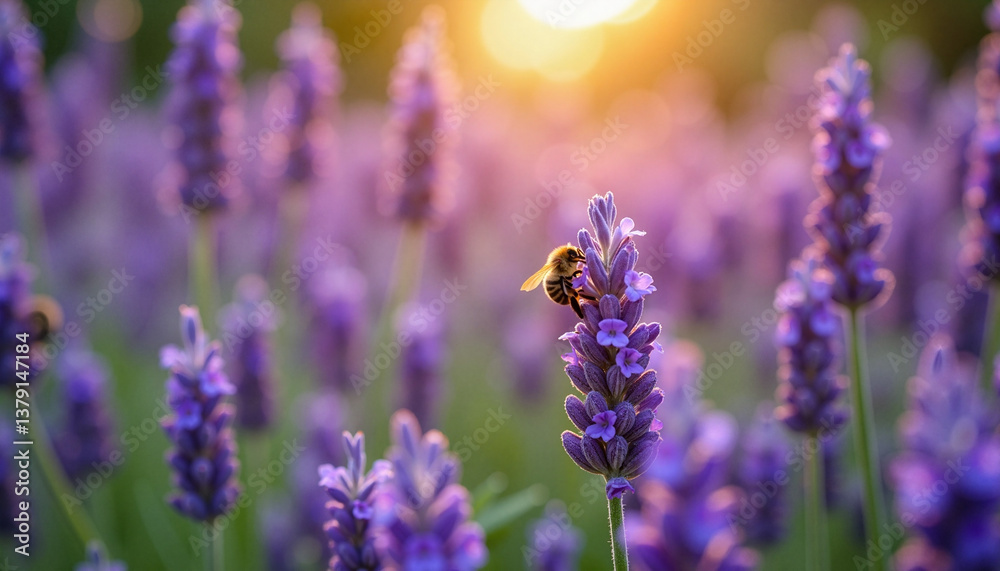 Naklejka premium Bee collecting nectar from lavender flowers at sunset, Flower beds in bloom
