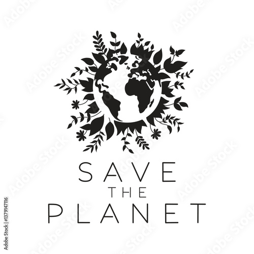 Vector illustration featuring a globe surrounded by leaves and plants.