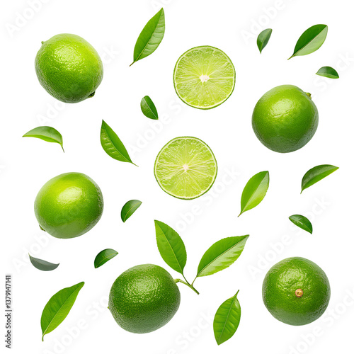 A set of fresh limes with slices and leaves on a transparent background