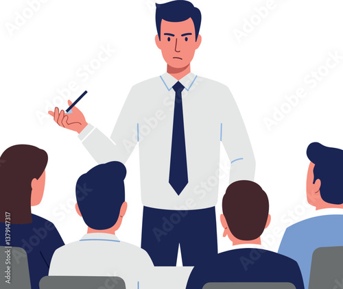 Business meeting scene with a presenter in a white shirt illustrating concepts to engaged audience in flat vector art