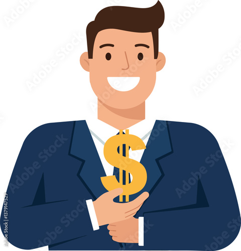 Confident businessman in a suit holding a dollar symbol, minimal vector illustration