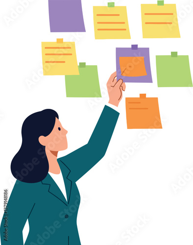 Businesswoman planning with colorful sticky notes in a modern office, flat vector illustration