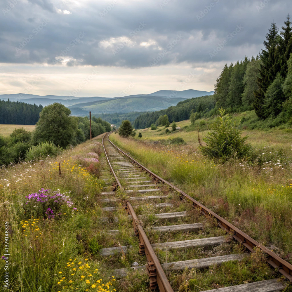 Generative AI illustration of a scenic view of old railway tracks in a remote rural area, overgrown with grass and wildflowers, showing signs of abandonment. The rusty rails stretch into the distance, Generative AI illustration of a scenic view of old railway tracks in a remote rural area, overgrown with grass and wildflowers, showing signs of abandonment. The rusty rails stretch into the distance,