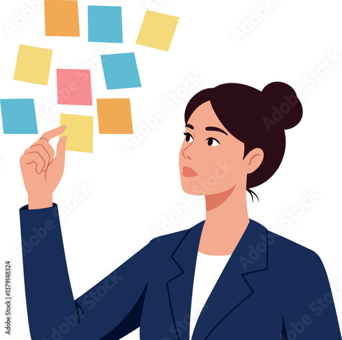 Woman in a business suit thoughtfully arranging colorful sticky notes in a flat vector illustration