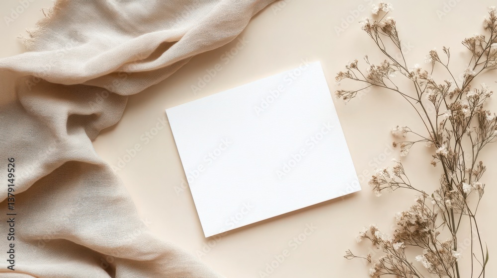 Blank paper sheet card with mockup copy space and dry floral branch and blanket cloth on neutral beige background. Minimal aesthetic wedding invitation template. Flat lay, top view. Blank paper sheet card with mockup copy space and dry floral branch and blanket cloth on neutral beige background. Minimal aesthetic wedding invitation template. Flat lay, top view.