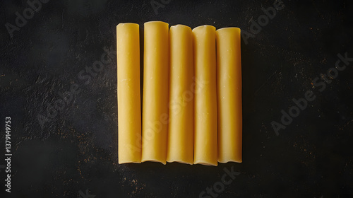 Neatly arranged cannelloni tubes lying in a perfect row on a dark, smooth background.