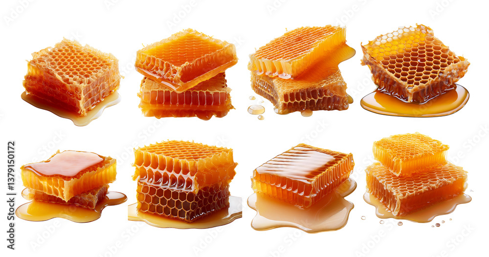 Fresh Honeycomb Pieces with Dripping Honey on Bright Background, isolated on transparent background Fresh Honeycomb Pieces with Dripping Honey on Bright Background, isolated on transparent background