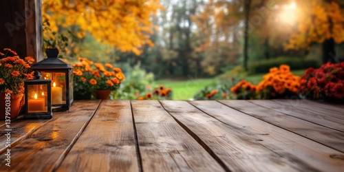Cozy autumn porch with burning lanterns and flowers overlooking garden