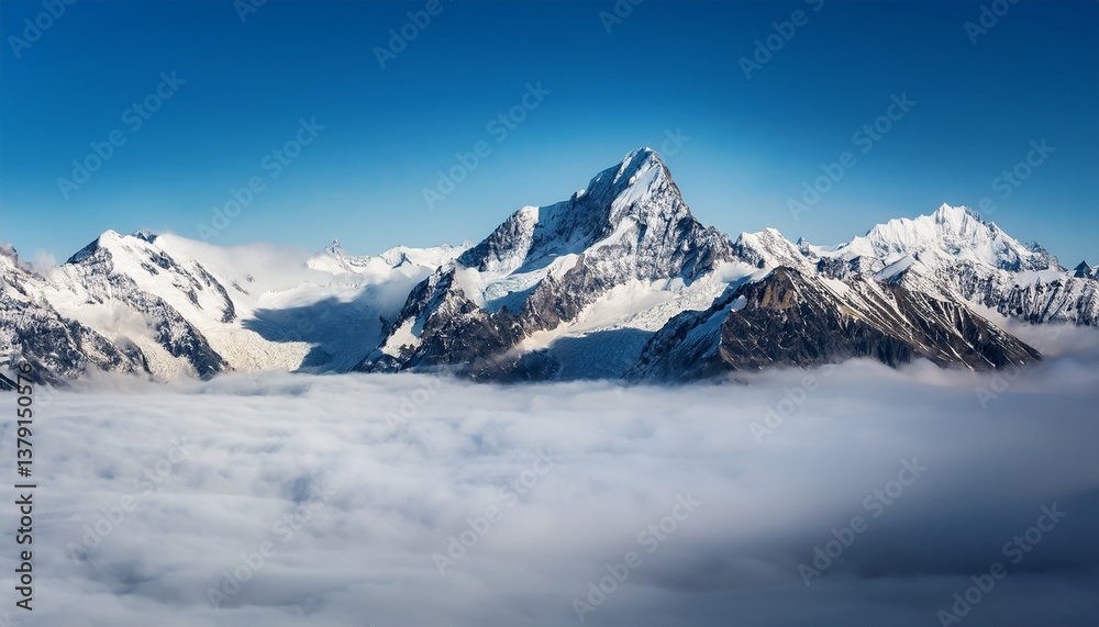 Fototapeta premium snow capped peaks rise above a sea of clouds