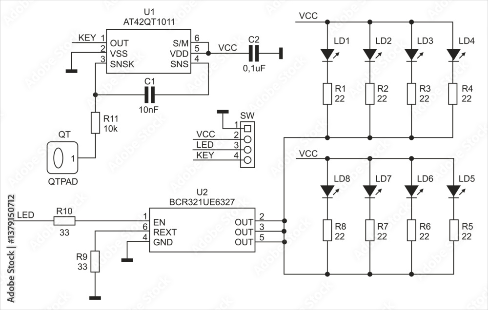 Schematic diagram of digital electronic device on paper sheet. Vector drawing electrical circuit with
integrated circuit, led indicator, pressure sensor, connector, diode, capacitor, resistor, other. Schematic diagram of digital electronic device on paper sheet. Vector drawing electrical circuit with
integrated circuit, led indicator, pressure sensor, connector, diode, capacitor, resistor, other.