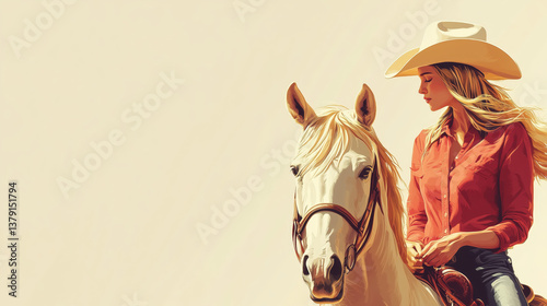 Young blonde woman riding a horse, cowboy girl. Copy space.