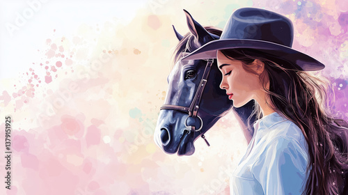 Portrait of a girl in a hat next to a horse in a soft artistic style.