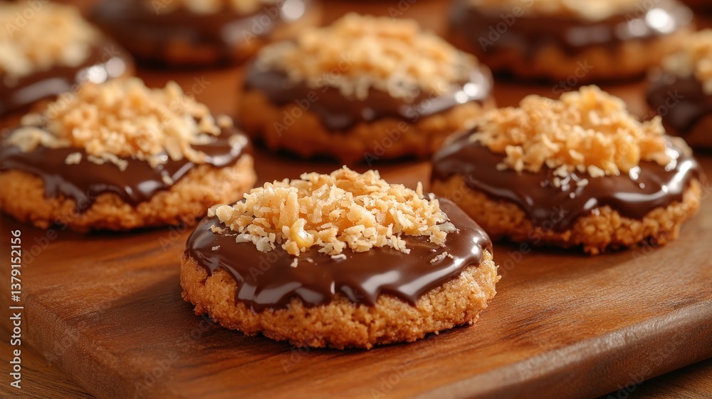 Decadent chocolate cookies, generously coated and sprinkled with toasted coconut. A sweet, crunchy treat! Decadent chocolate cookies, generously coated and sprinkled with toasted coconut. A sweet, crunchy treat!