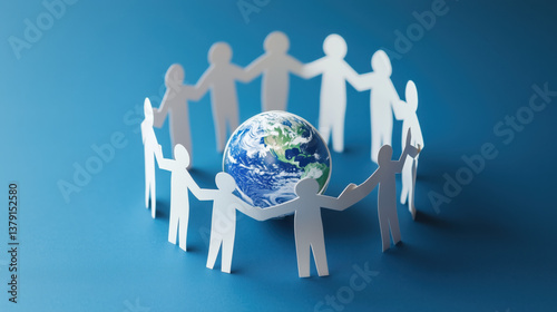 Paper people around the Earth on a blue background, a symbol of friendship and peace
