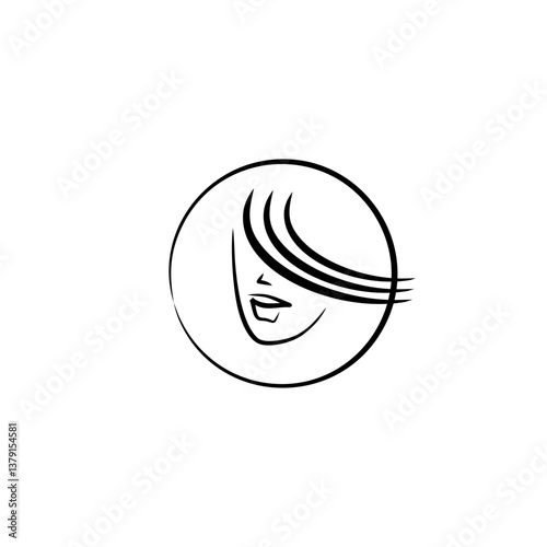 female face - silhouette, flat logo on white background for beauty salon. idea - beauty and style. facial features of young girl, elegant lock of hair. beautiful hairstyle, stylish styling