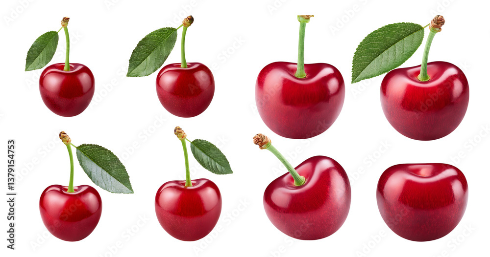 Fresh Red Cherries with Green Leaves Isolated on White Background, Bundle Set Collection, Isolated on Transparent Background Fresh Red Cherries with Green Leaves Isolated on White Background, Bundle Set Collection, Isolated on Transparent Background