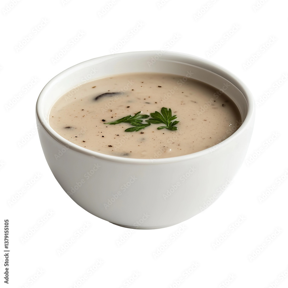 close-up shot of cream of mushroom soup in a white bowl with garnish
close-up shot of cream of mushroom soup in a white bowl with garnish