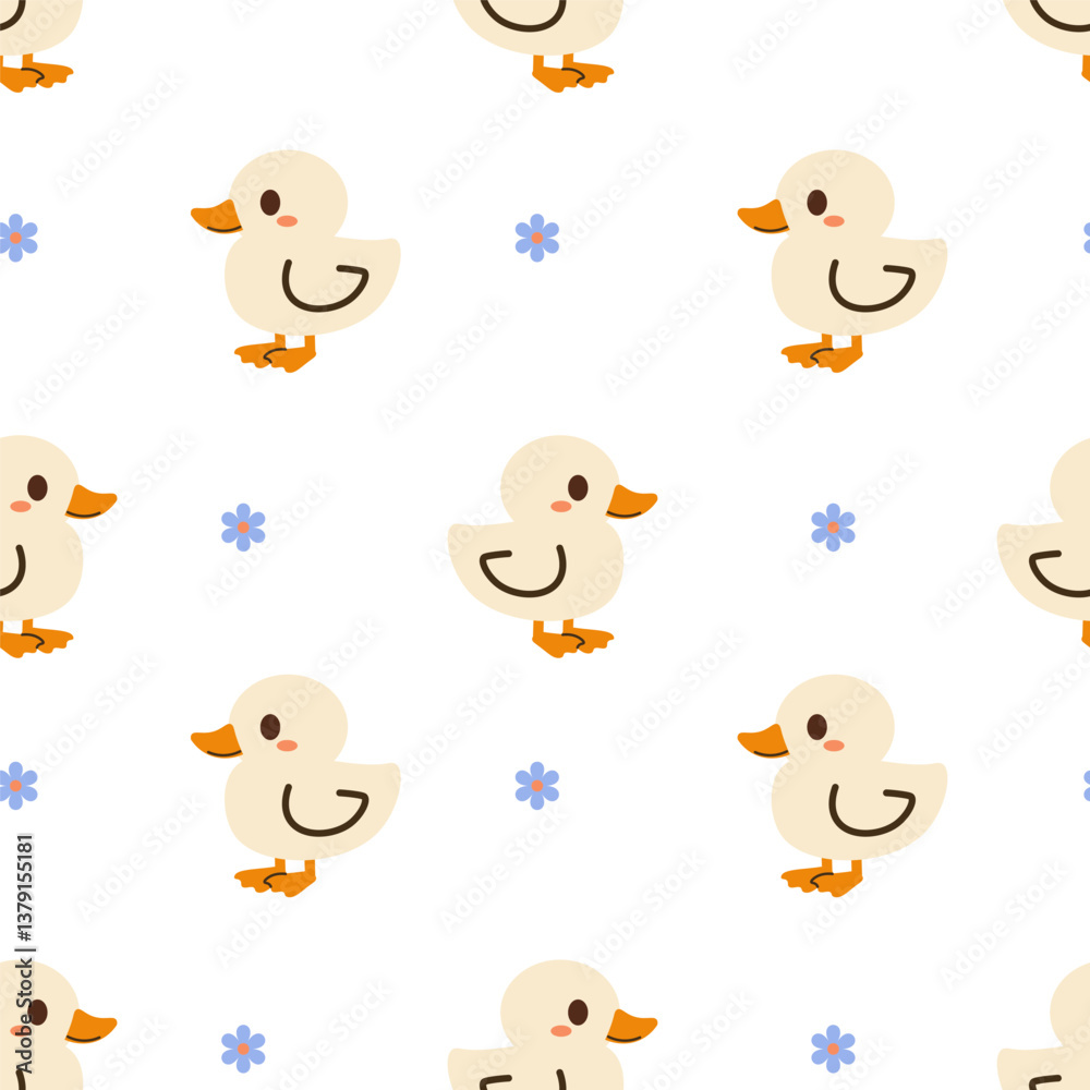 Seamless flat style pattern with cute white ducklings and small blue flowers on white background, perfect for kids’ products, textiles, wrapping paper, and spring-themed designs Seamless flat style pattern with cute white ducklings and small blue flowers on white background, perfect for kids’ products, textiles, wrapping paper, and spring-themed designs