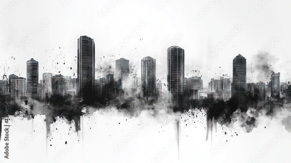 Obraz premium Monochromatic Cityscape: An Ink Wash Skyline
