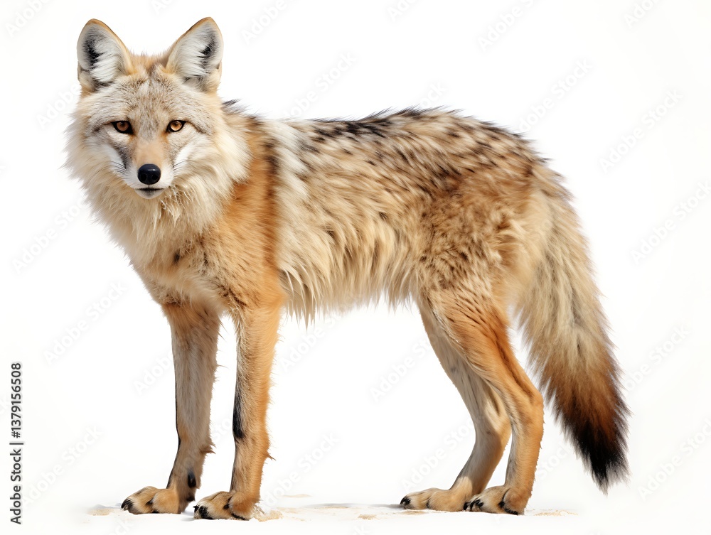 Coyote in the Daylight: A stunning photograph showcasing a captivating coyote, its gaze focused, set against a plain backdrop. Coyote in the Daylight: A stunning photograph showcasing a captivating coyote, its gaze focused, set against a plain backdrop.