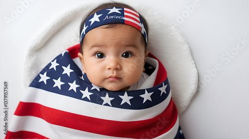 Cute Latino baby wrapped in an American flag, symbolizing birthright citizenship in the United States.