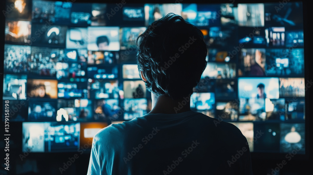 Backview Of Caucasian Man Looking at Animated Stream Of Content. Visualization Of Browsing Metaverse Big Data with Videos, Social Media Profiles with Influencers, and Internet Communities. Backview Of Caucasian Man Looking at Animated Stream Of Content. Visualization Of Browsing Metaverse Big Data with Videos, Social Media Profiles with Influencers, and Internet Communities.