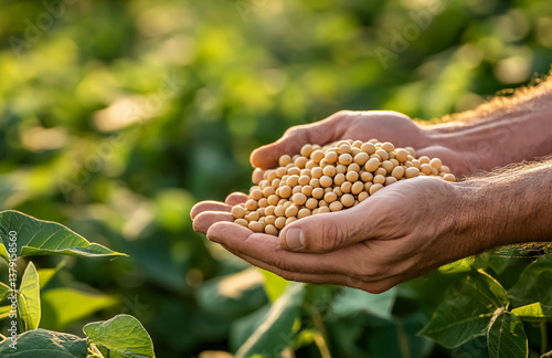 Harvesting soybeans agriculture farmer holding soybeans in hands soybean cultivation and agriculture farm field